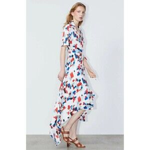ROSETTA GETTY wht Abstract Scribble Print Asymmetric Wrap Silk Midi Dress Sz 10